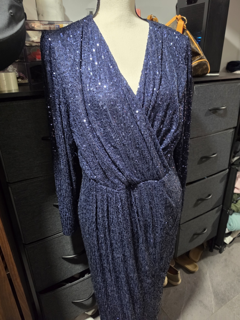 Ivy City Co Navy Sequin Wrap Midi Dress